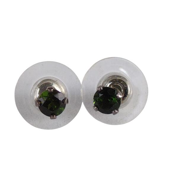 Vtg Stamped 925P Sterling Silver Dark Green Zircon Stud Earrings Estate Jewelry - Picture 3 of 5
